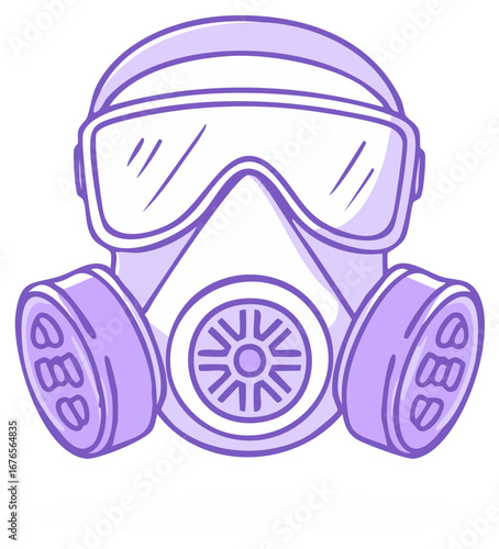 Cartoon gas mask illustration, with goggles and purple tones, protective equipment design.