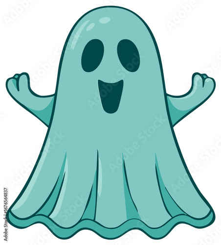 Cute friendly teal ghost character with arms raised smiling happily cartoon illustration