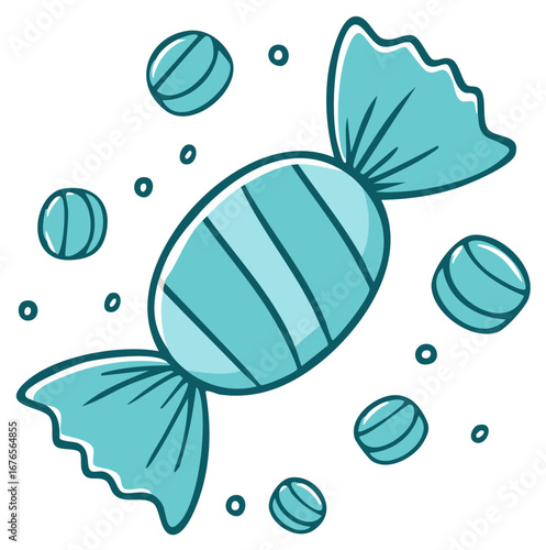 Blue Candy in Wrapping with Scattered Hard Candies Cartoon Style Illustration