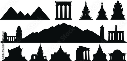 Famous landmarks, historical architecture, cultural monuments, mountain silhouette, temple illustration, ancient ruins, heritage buildings, travel icons, global tourism, world monuments