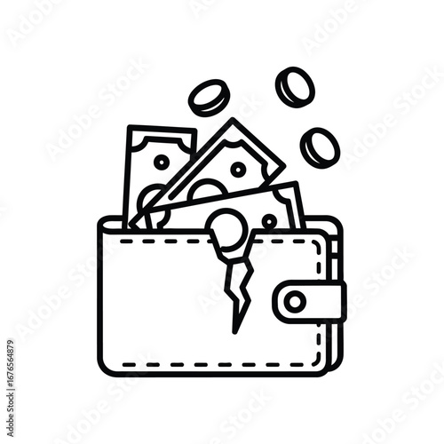 Financial distress: Depicting a money falling from a damaged wallet, an illustration of financial vulnerability and economic hardship. 