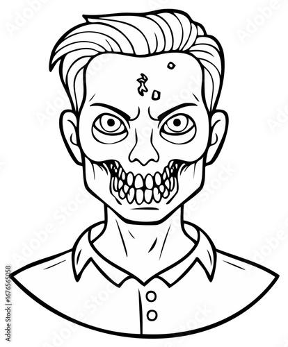 Creepy Undead Man Illustration with Exposed Teeth, Evil Eyes and Scary Face Details