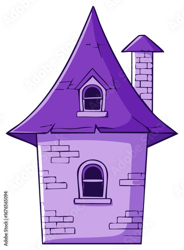 Cartoonish purple house illustration with brick chimney and arched windows.