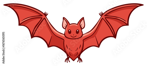Cartoon illustration of a cute red bat with big wings, a friendly smile, and small ears.
