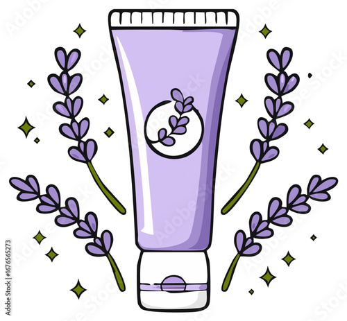 Purple lavender cream tube surrounded by blooming lavender sprigs and sparkling elements