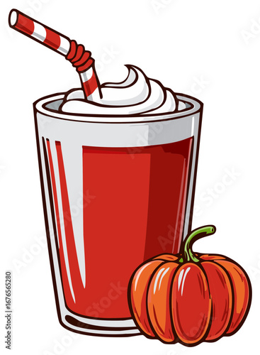 Festive seasonal drink with whip topping and striped straw beside a bright orange pumpkin image.