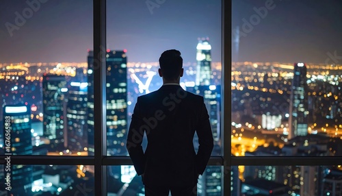 Successful entrepreneur standing in a high-rise office, watching over the illuminated metropolis, a symbol of future growth