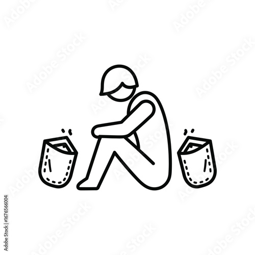 Poverty's Shadow: A stark monochrome depiction of a person sits, head bowed, symbolizing despair and destitution, accompanied by empty receptacles, evocative of a lack of resources and need.