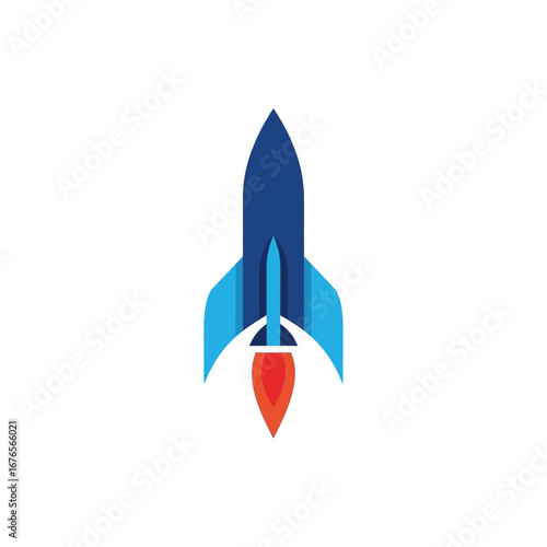 Stylized rocket ship launching with flames, symbolizing technology, innovation, and space exploration.