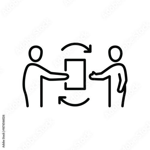 Transfer Concept Icon: An emblematic representation of two individuals engaged in a dynamic exchange, symbolized by a document and encompassing arrows.