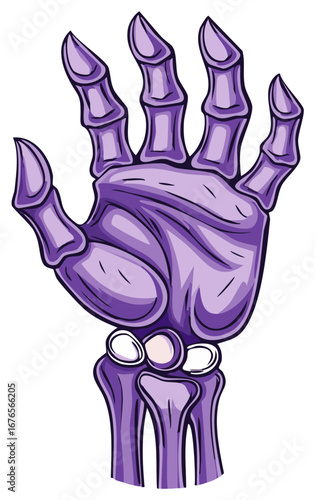 Cartoon Open Purple Hand Skeleton, Palm and Fingers, Anatomical Structure