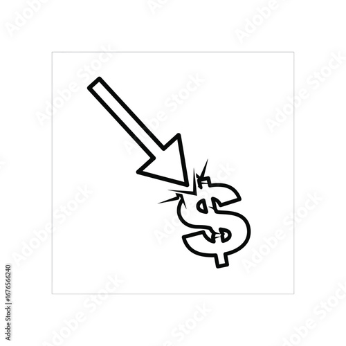 Economic Downturn: A striking icon captures the essence of financial struggles. A downward arrow crashes into the dollar sign, symbolizing depreciation and decline.