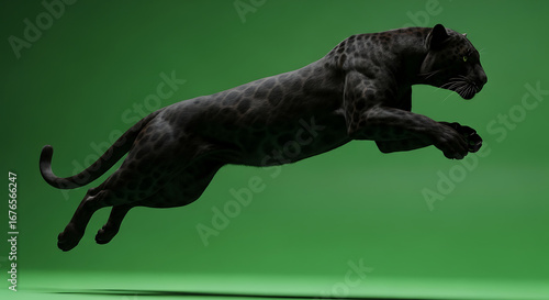 A sleek black panther captured in mid-air as it leaps gracefully against a solid green background.