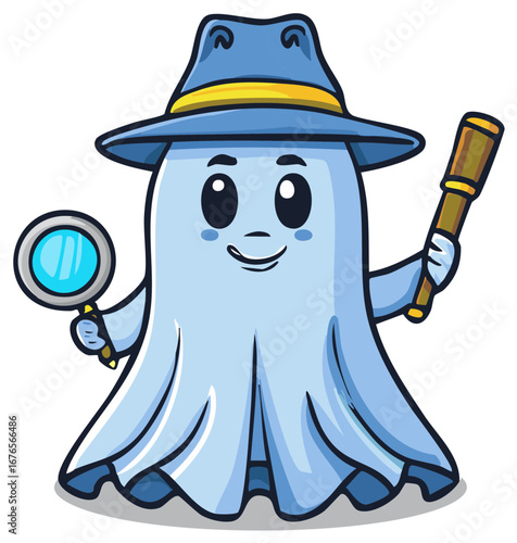 Friendly Ghost Detective with Spyglass and Magnifying Glass Cartoon Character Illustration