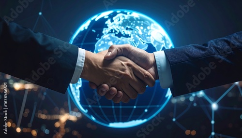 Powerful professional handshake symbolizing global business partnership, international collaboration, and the intricate connection of technology in a modern connected world