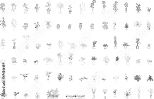 A large and diverse collection of potted plant elevations and indoor greenery in a black-and-white vector illustration, suitable for architectural, interior, and landscape design projects.