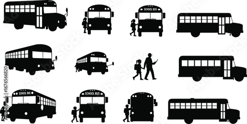 Silhouette school bus icons with children boarding, walking, and crossing street, black vector set, education transportation, student safety concept