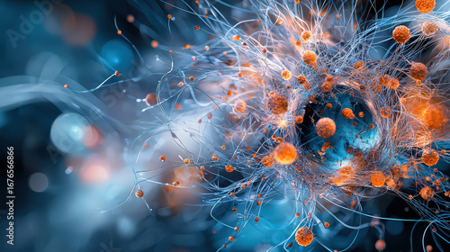 Vibrant depiction of microscopic view of cells and viruses, showcasing intricate details and vivid colors