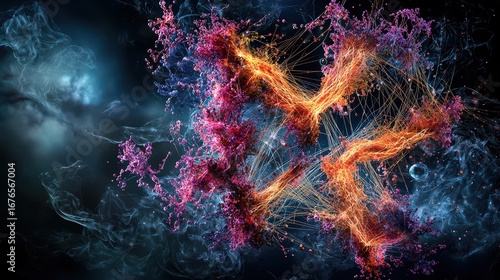 Vibrant, abstract digital artwork featuring interconnected, colorful strands and particles against dark, cosmic background