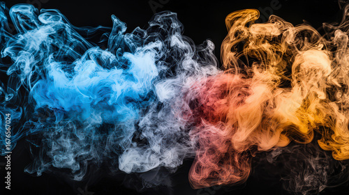 Colorful smoke swirls in blue, white, red, and orange against black background, creating dynamic and abstract visual
