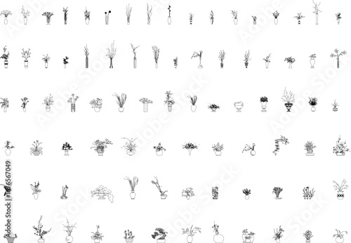 A collection of various potted plants elevations in a detailed black-and-white vector illustration, suitable for architectural, interior, and landscape design projects.