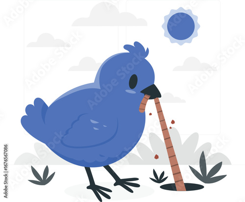 Charming chicken enjoying a tasty worm illustration
