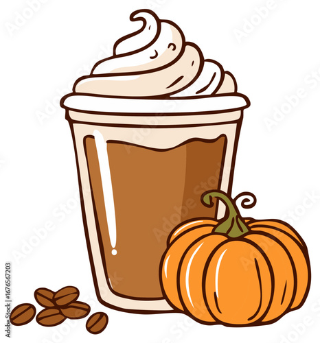 Pumpkin spice latte with whipped cream and coffee beans and orange pumpkin.
