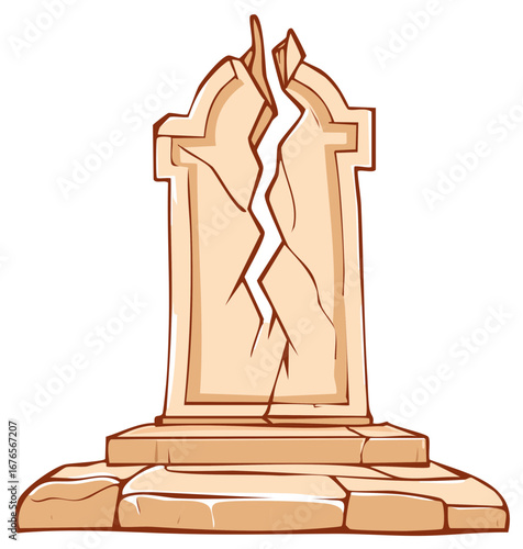 Cracked Cartoon Tombstone Illustration, Graphic of a Broken Grave Marker.