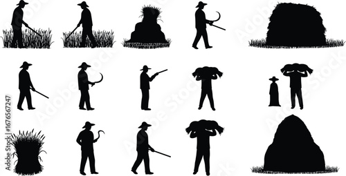 Farmer silhouettes, agriculture workers, crop harvesting, carrying bundles, rural lifestyle, farming tools, countryside labor, haystack field, village farming, traditional agriculture