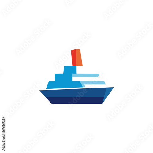 Stylized illustration of a cruise ship with blue hull and orange smokestack.