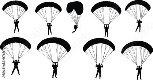 Silhouette skydivers descending with parachutes, isolated on white background, extreme sports concept, adventure jump, aerial parachuting action set