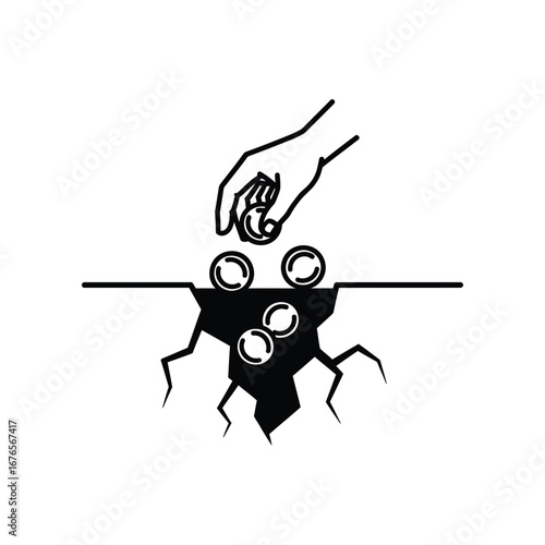 Financial Investment: A symbolic illustration depicting a hand dropping coins into a crack. This image visually represents concepts of financial investment, planting seeds for future growth.