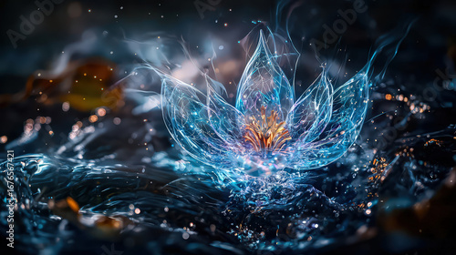 Glowing, ethereal lotus flower made of light and energy floats above dark, rippling water surface, creating mystical atmosphere