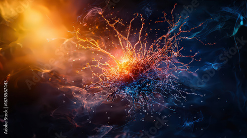Vibrant abstract digital artwork depicts explosion of colorful energy with dynamic tendrils and glowing particles