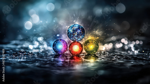 Colorful glowing spheres on wet surface with bokeh lights create magical atmosphere