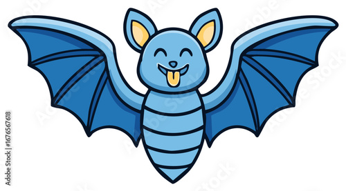 Adorable Smiling Blue Bat Character with Open Wings Sticking Tongue Out Playful Vector