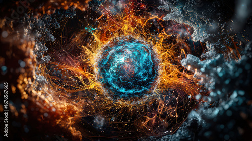 Vibrant abstract depiction of cosmic explosion with swirling blue and orange energy, evoking sense of dynamic motion and power