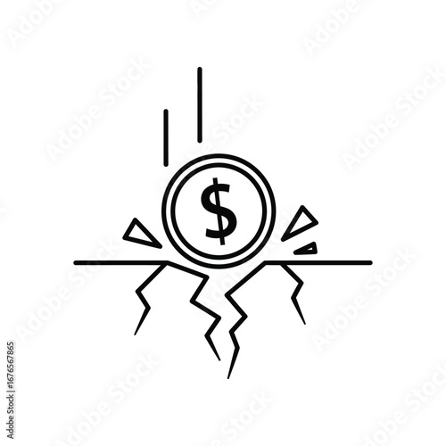 Financial Crisis Icon: A symbolic depiction of financial instability, with a dollar coin plummeting to break the ground, representing economic challenges and downturns.