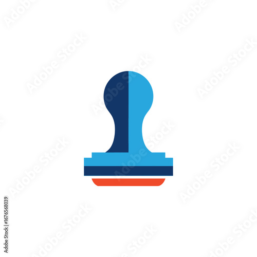 Illustration of a blue rubber stamp with an orange base, isolated on white.