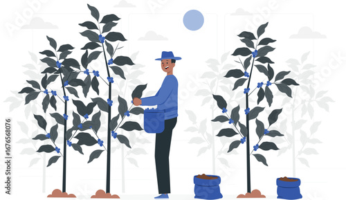 Artistic coffee farm scene with rafiki character