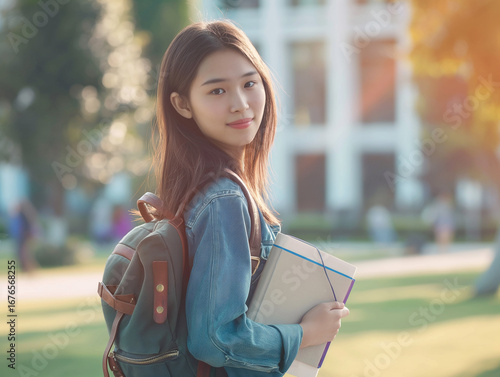Cute Asian college student holding books and backpack