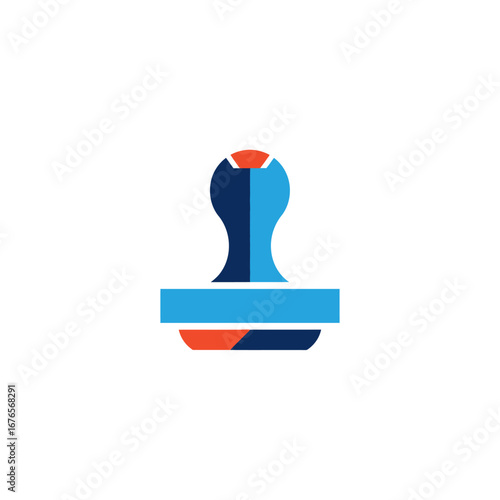 Illustration of a rubber stamp with a blue handle and a red base.