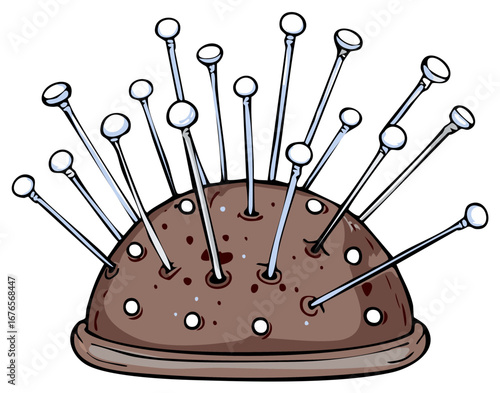 Vibrant cartoon pin cushion illustration filled with sharp sewing pins for crafts