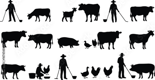 Farmer silhouettes, cow goat pig chicken duck, livestock farming, rural agriculture, countryside lifestyle, village farmer, farm animals, agriculture worker illustration