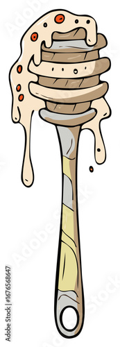 Stylized honey dipper covered in dripping honey with red berries, food illustration