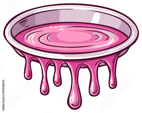Cartoon bowl dripping pink goo liquid slime flowing down in drips and droplets