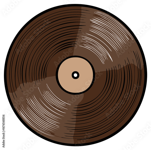 Vintage brown vinyl record with grooved surface and central label for playing music