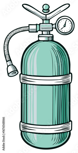 Vintage illustration of a green scuba diving tank with a pressure gauge and hose