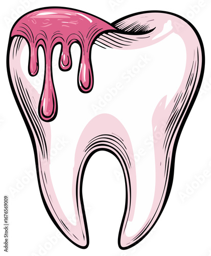 Vintage style cartoon illustration of a molar tooth with dripping pink slime or candy
