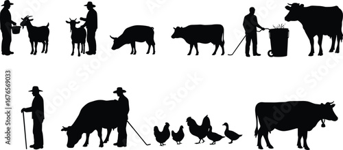 Farmer silhouettes, farm animals, cow goat chicken duck pig, rural agriculture, village lifestyle, livestock care, countryside, farming illustration, agriculture scene